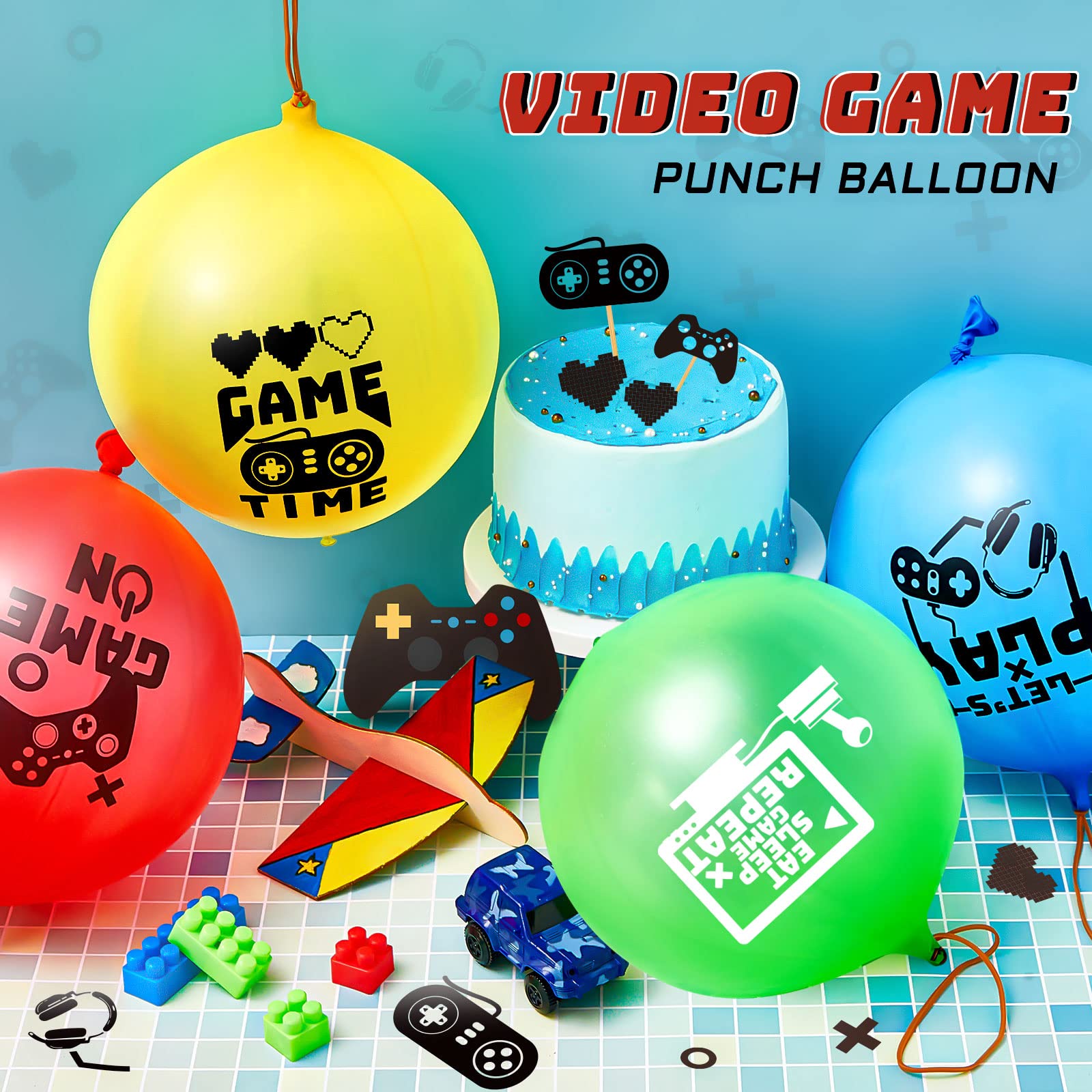 32-Pack Video Game Punch Balloons with Pixel Patterns – Deekin Party Favors (Blue, Red, Yellow, Green)
