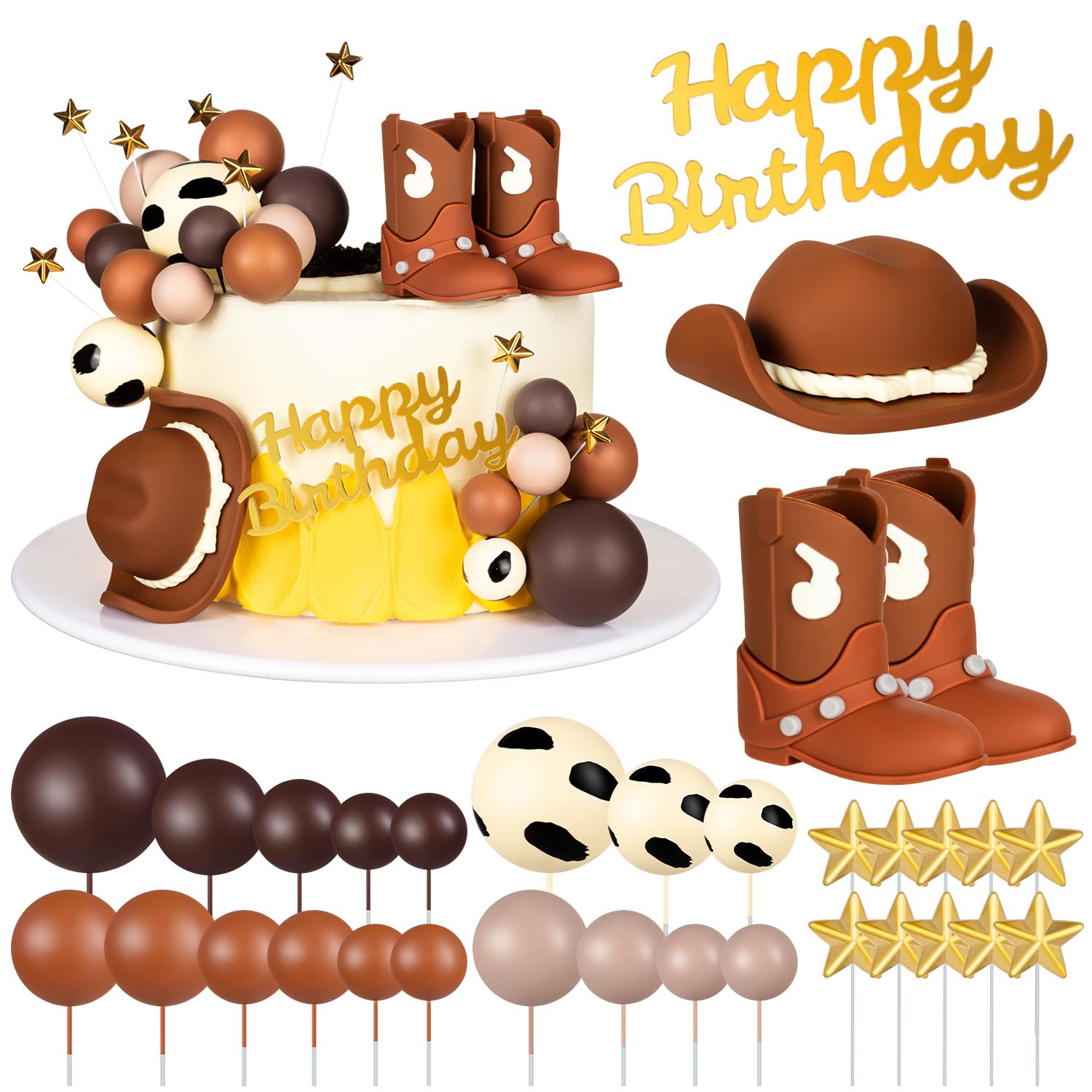 32-Piece Cowboy Cake Topper Set – PVC Hat & Boots, Foam Balls, Western Theme Party Decor