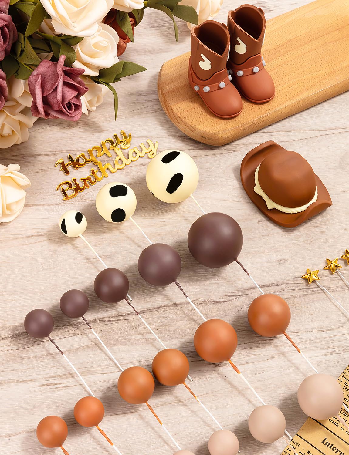 32-Piece Cowboy Cake Topper Set – PVC Hat & Boots, Foam Balls, Western Theme Party Decor