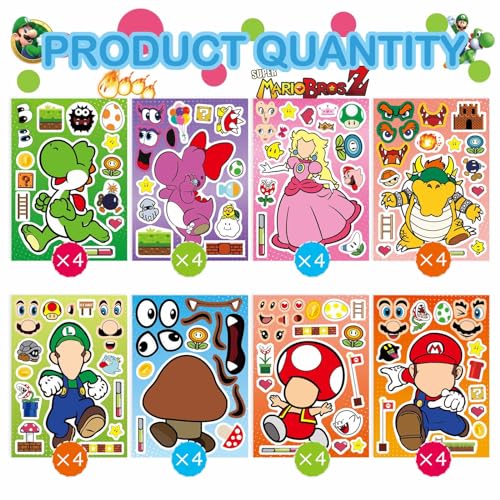 32 Sheets Mario Make-a-Face Stickers - DIY Craft for Kids, Party Favors, Classroom Rewards
