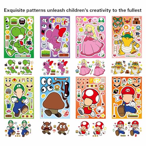 32 Sheets Mario Make-a-Face Stickers - DIY Craft for Kids, Party Favors, Classroom Rewards
