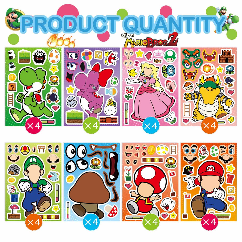 32 Sheets Mario Make-a-Face Stickers - DIY Craft for Kids, Party Favors, Classroom Rewards