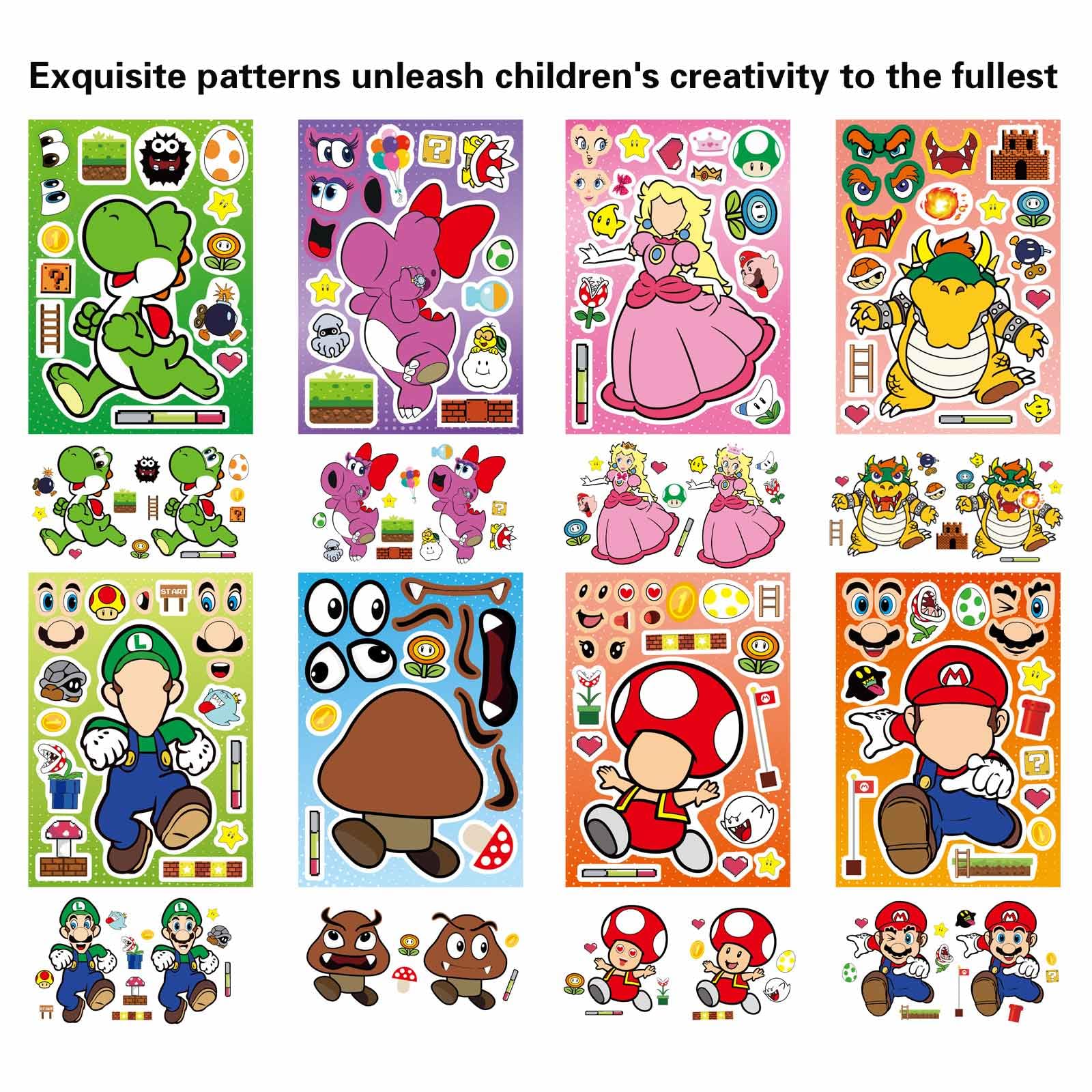 32 Sheets Mario Make-a-Face Stickers - DIY Craft for Kids, Party Favors, Classroom Rewards