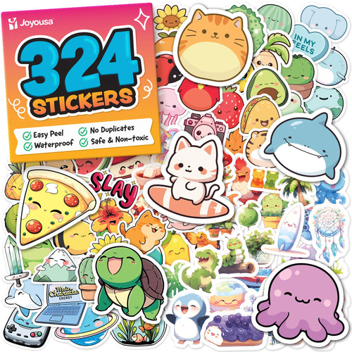 324pc Kawaii Waterproof Vinyl Stickers for Kids - Cute Water Bottle, Laptop & Scrapbook Sticker Pack by Joyousa