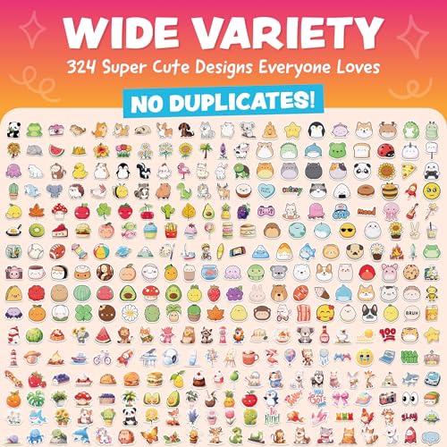 324pc Kawaii Waterproof Vinyl Stickers for Kids - Cute Water Bottle, Laptop & Scrapbook Sticker Pack by Joyousa