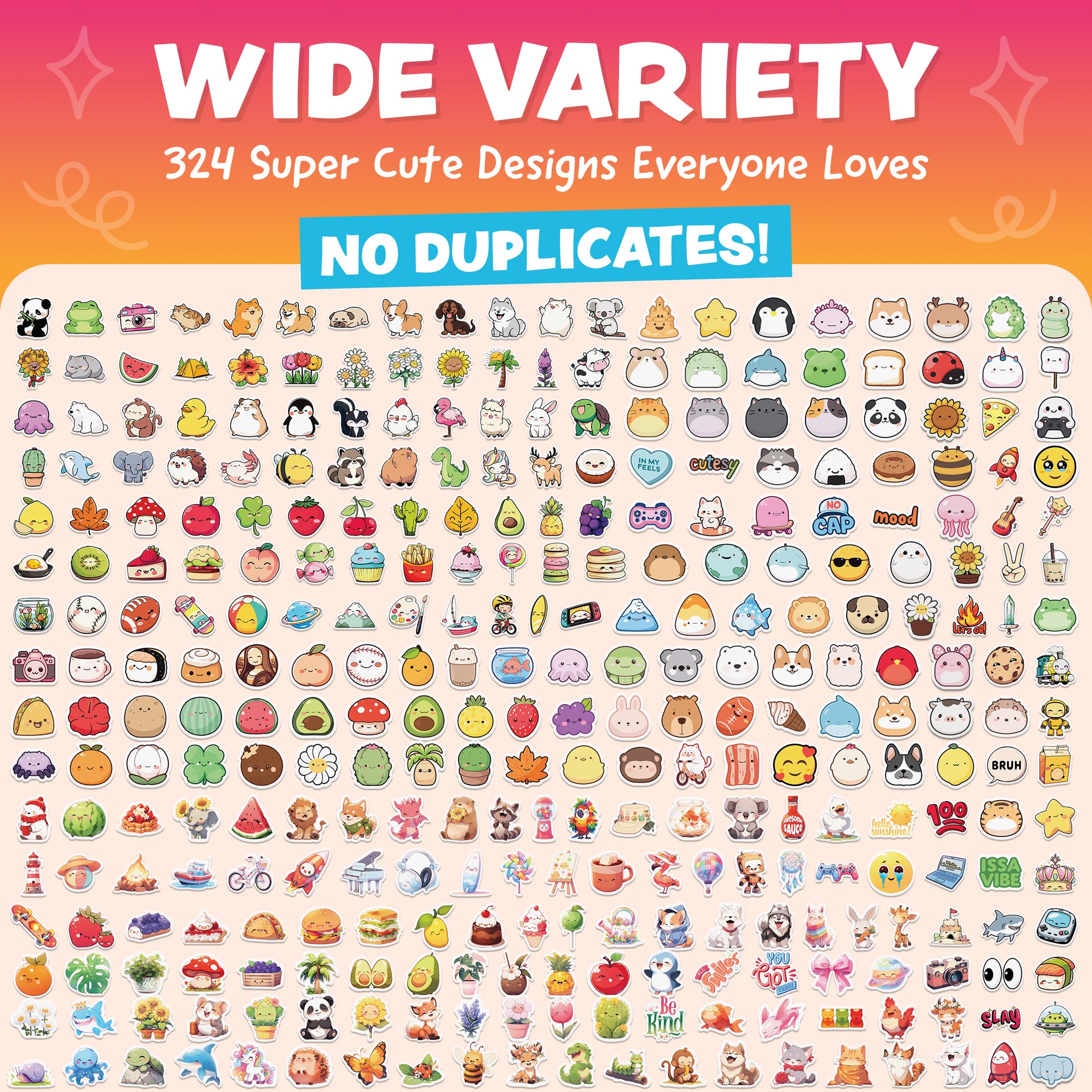 324pc Kawaii Waterproof Vinyl Stickers for Kids - Cute Water Bottle, Laptop & Scrapbook Sticker Pack by Joyousa