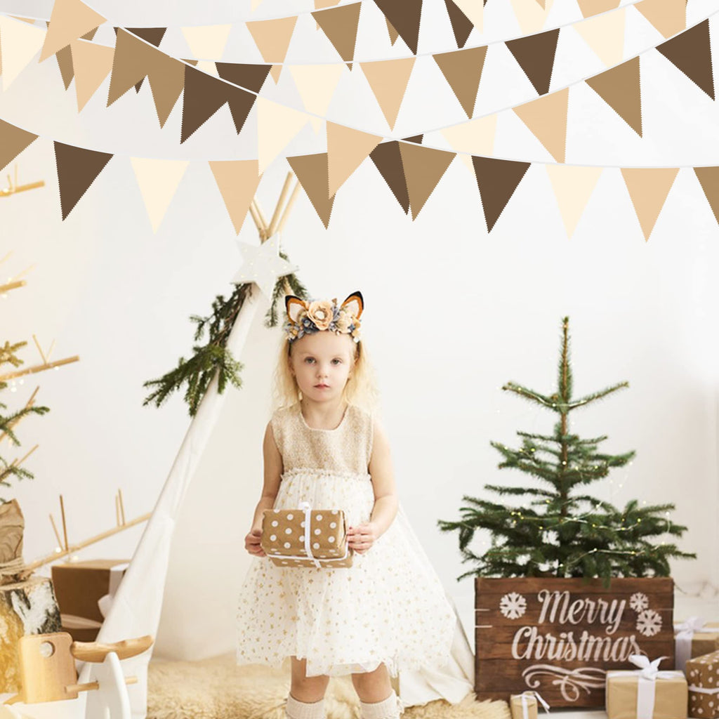 32ft Brown Cotton Bunting Banner - Fabric Triangle Flags for Woodland Baby Shower & Safari Party