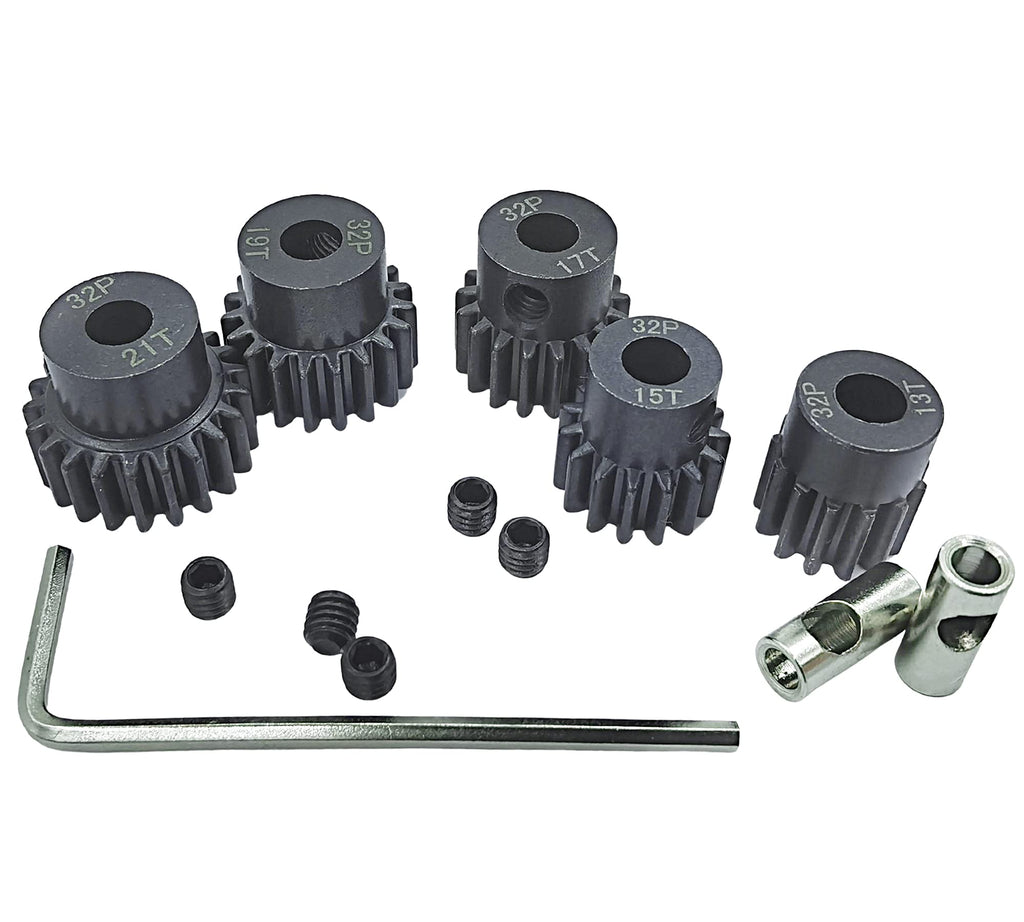 32P 5mm Hardened Metal Pinion Motor Gear Set 13T-21T with 3.175mm Coupler for RC Cars