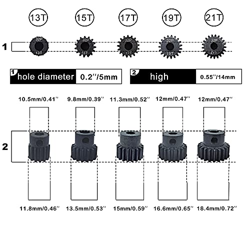 32P 5mm Hardened Metal Pinion Motor Gear Set 13T-21T with 3.175mm Coupler for RC Cars