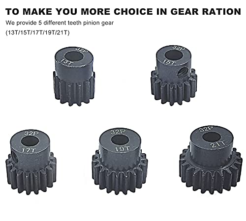 32P 5mm Hardened Metal Pinion Motor Gear Set 13T-21T with 3.175mm Coupler for RC Cars