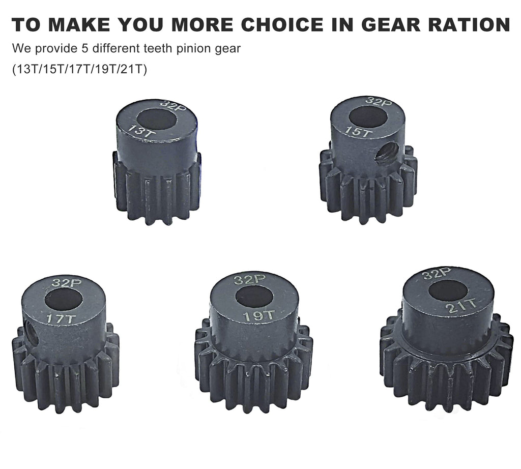 32P 5mm Hardened Metal Pinion Motor Gear Set 13T-21T with 3.175mm Coupler for RC Cars