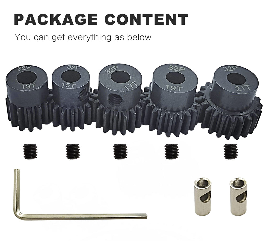 32P 5mm Hardened Metal Pinion Motor Gear Set 13T-21T with 3.175mm Coupler for RC Cars