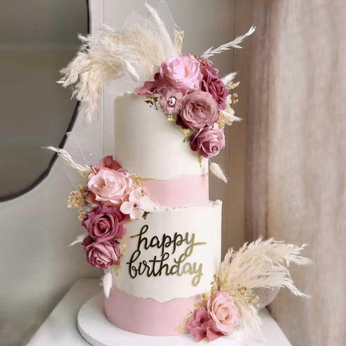 33-Piece Boho Cake Topper Set – Dusty Pink Silk Flowers & Dried Pampas Grass