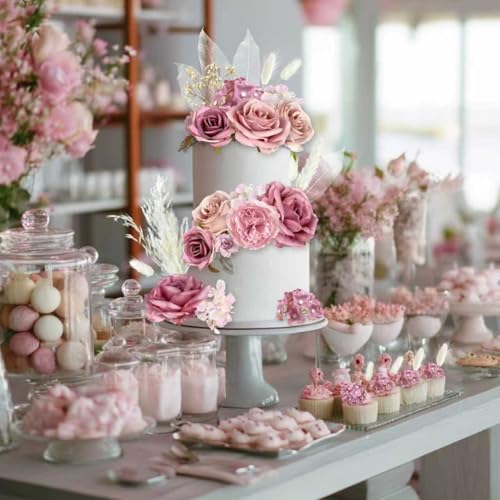 33-Piece Boho Cake Topper Set – Dusty Pink Silk Flowers & Dried Pampas Grass