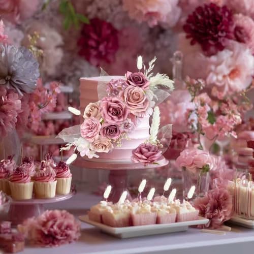 33-Piece Boho Cake Topper Set – Dusty Pink Silk Flowers & Dried Pampas Grass
