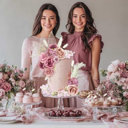 33-Piece Boho Cake Topper Set – Dusty Pink Silk Flowers & Dried Pampas Grass