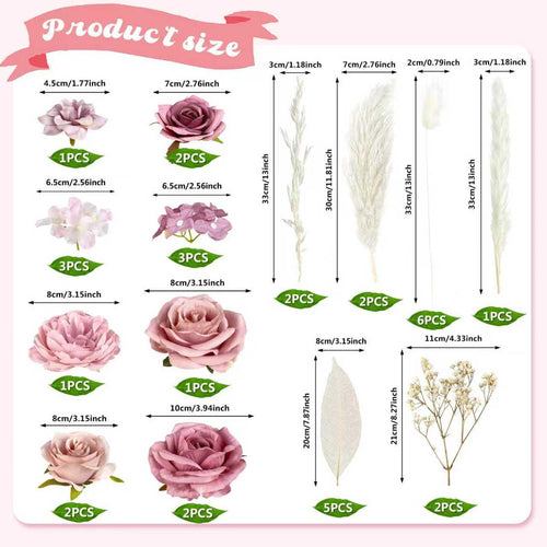 33-Piece Boho Cake Topper Set – Dusty Pink Silk Flowers & Dried Pampas Grass