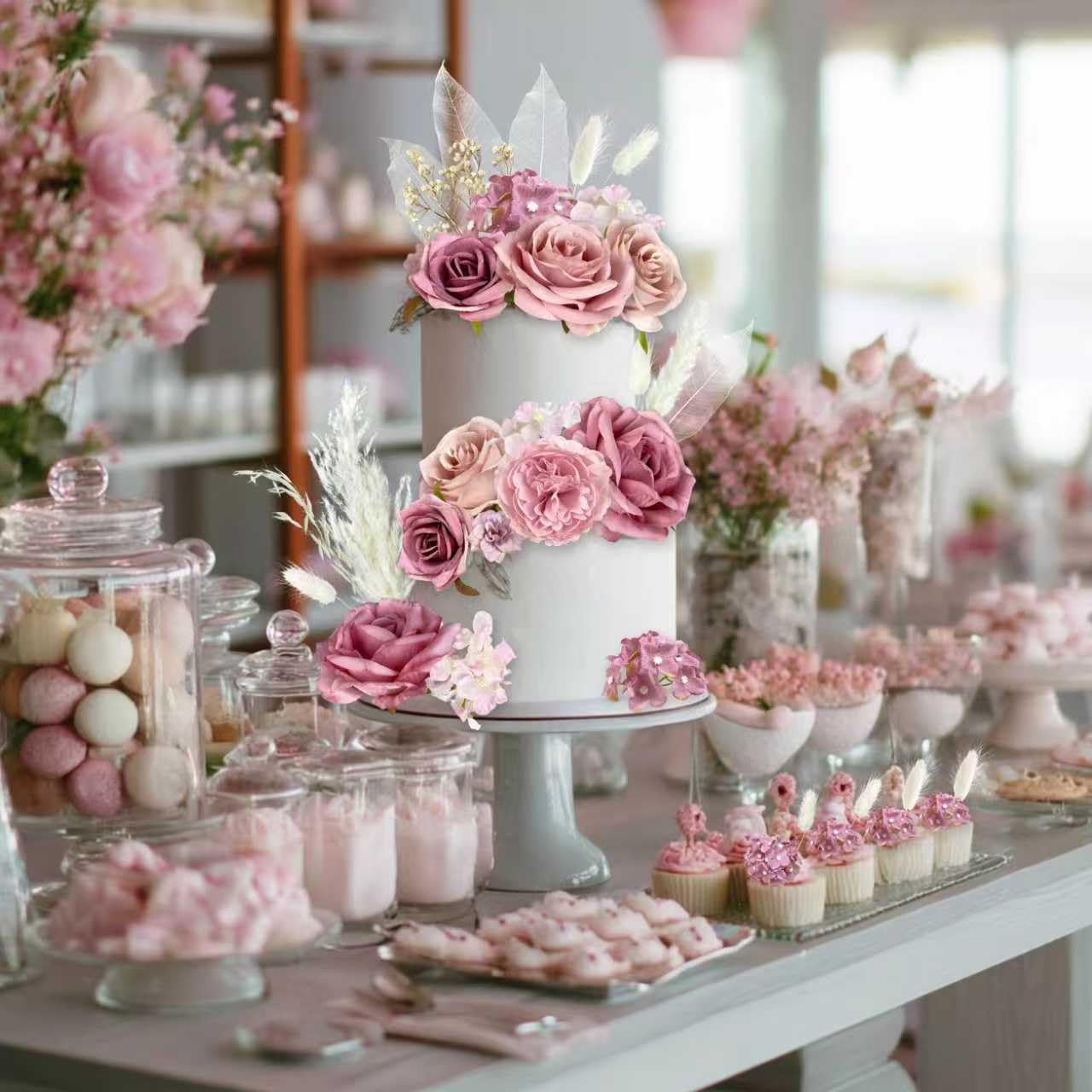 33-Piece Boho Cake Topper Set – Dusty Pink Silk Flowers & Dried Pampas Grass