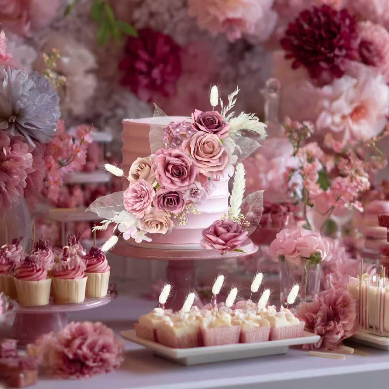33-Piece Boho Cake Topper Set – Dusty Pink Silk Flowers & Dried Pampas Grass