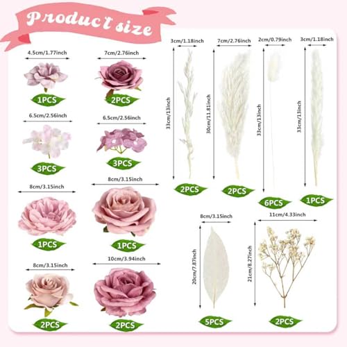 33-Piece Boho Cake Topper Set – Dusty Pink Silk Flowers & Dried Pampas Grass