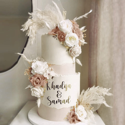 33-Piece Boho Cake Topper Set with Artificial Flowers and Dried Pampas Grass - Wedding Birthday Baby Shower (Light Brown)