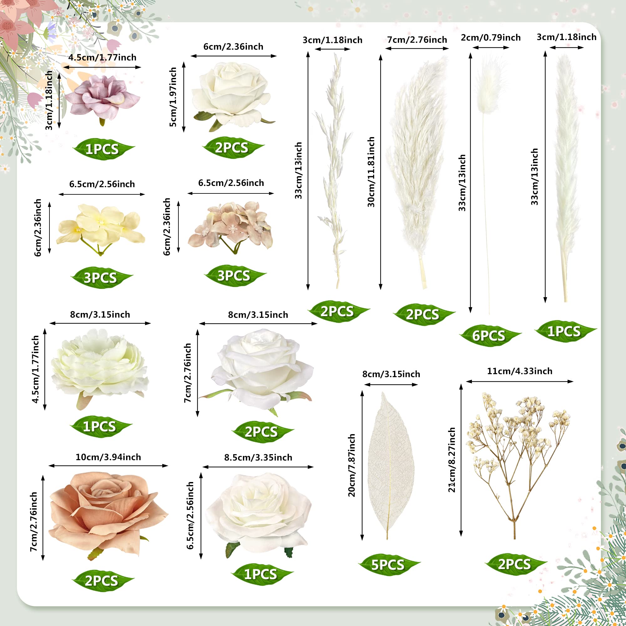 33-Piece Boho Cake Topper Set with Artificial Flowers and Dried Pampas Grass - Wedding Birthday Baby Shower (Light Brown)