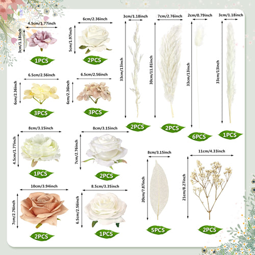 33-Piece Boho Cake Topper Set with Artificial Flowers and Dried Pampas Grass - Wedding Birthday Baby Shower (Light Brown)