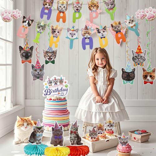 33-Piece Cat Birthday Party Decorations Set for Cat Lovers – Banners, Swirls, Honeycombs & Cupcake Toppers