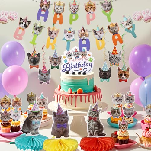33-Piece Cat Birthday Party Decorations Set for Cat Lovers – Banners, Swirls, Honeycombs & Cupcake Toppers