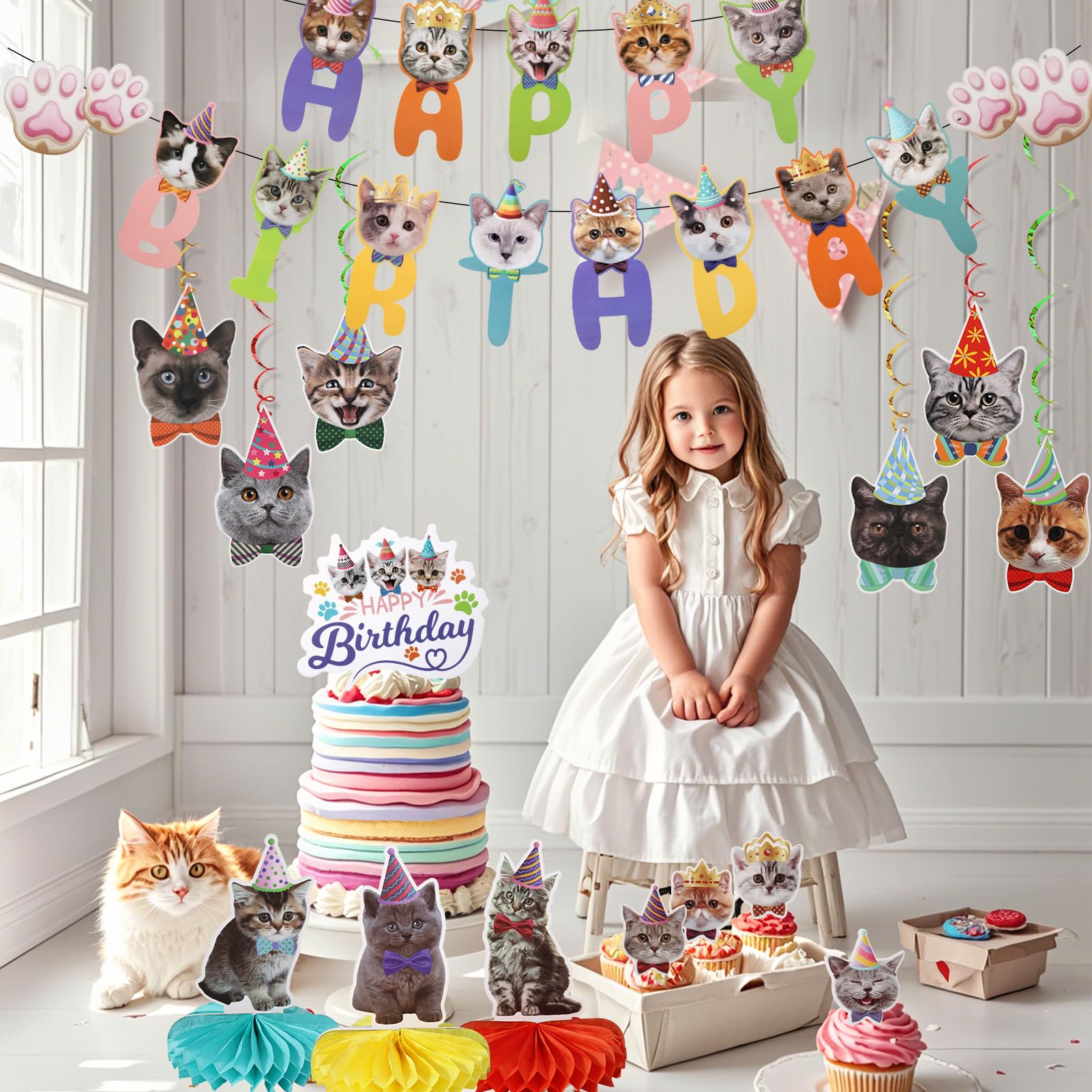 33-Piece Cat Birthday Party Decorations Set for Cat Lovers – Banners, Swirls, Honeycombs & Cupcake Toppers