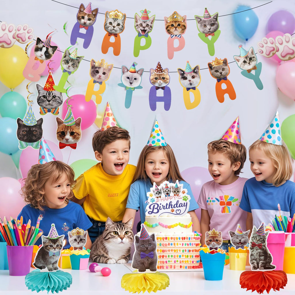 33-Piece Cat Birthday Party Decorations Set for Cat Lovers – Banners, Swirls, Honeycombs & Cupcake Toppers