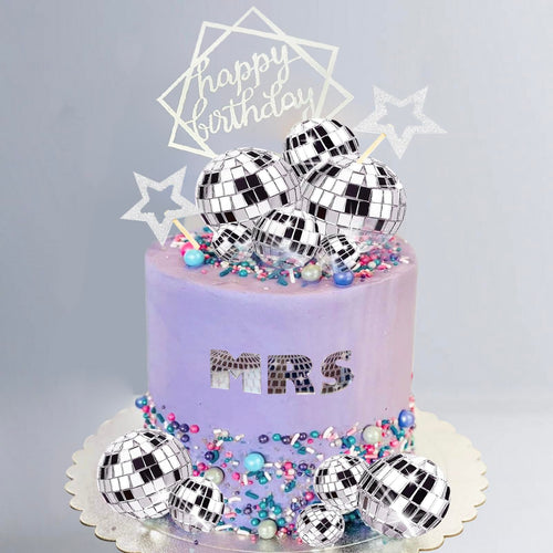 33-Piece Disco Ball Cake Toppers Set with Mirrored Foam Balls, Stars & Happy Birthday Sign for 70s 80s Themed Parties