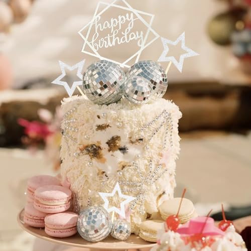 33-Piece Disco Ball Cake Toppers Set with Mirrored Foam Balls, Stars & Happy Birthday Sign for 70s 80s Themed Parties