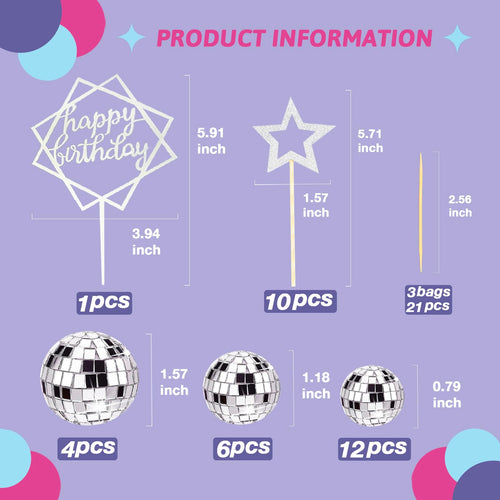 33-Piece Disco Ball Cake Toppers Set with Mirrored Foam Balls, Stars & Happy Birthday Sign for 70s 80s Themed Parties