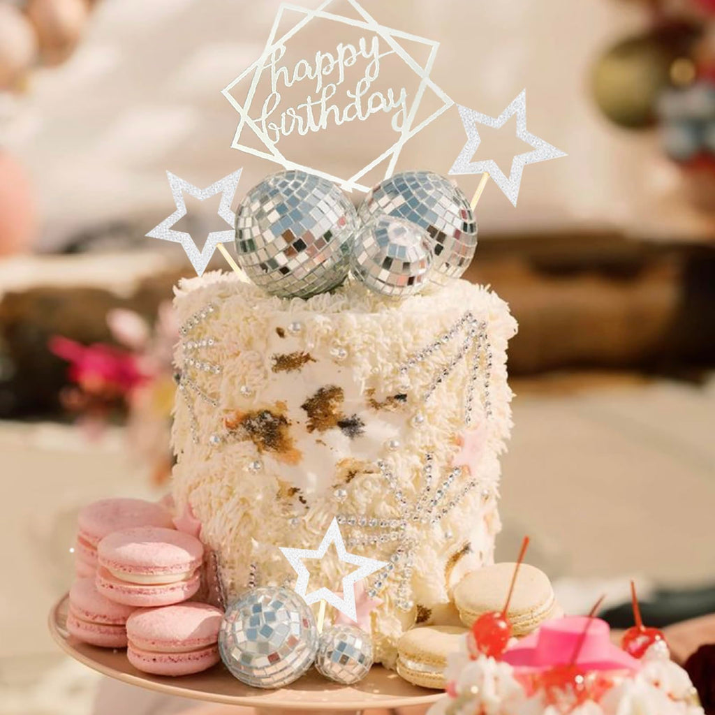33-Piece Disco Ball Cake Toppers Set with Mirrored Foam Balls, Stars & Happy Birthday Sign for 70s 80s Themed Parties
