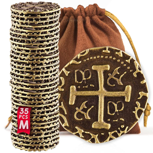 35 Bronze Pirate Coins Set - Metal Replica Doubloons for Board Games, Cosplay, Treasure Hunts