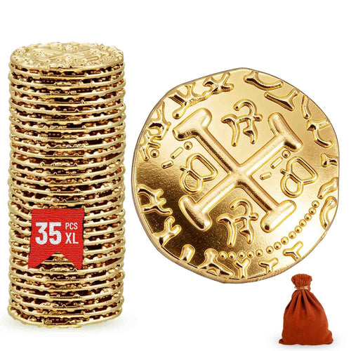 35 Gold Metal Pirate Coins - Spanish Doubloon Replicas for Games, Treasure Hunts, and Party Decor