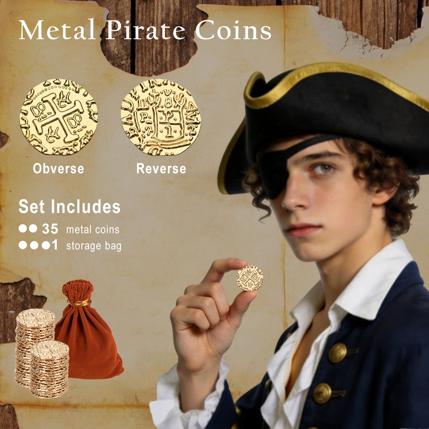 35 Gold Metal Pirate Coins - Spanish Doubloon Replicas for Games, Treasure Hunts, and Party Decor