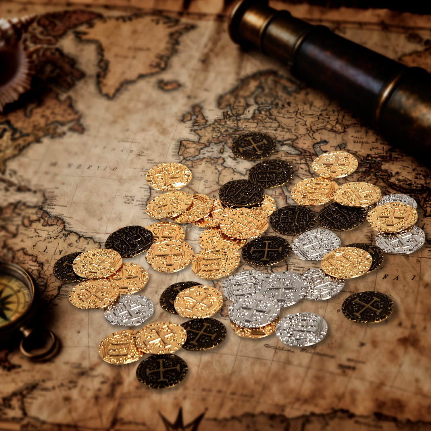 35 Gold Metal Pirate Coins - Spanish Doubloon Replicas for Games, Treasure Hunts, and Party Decor