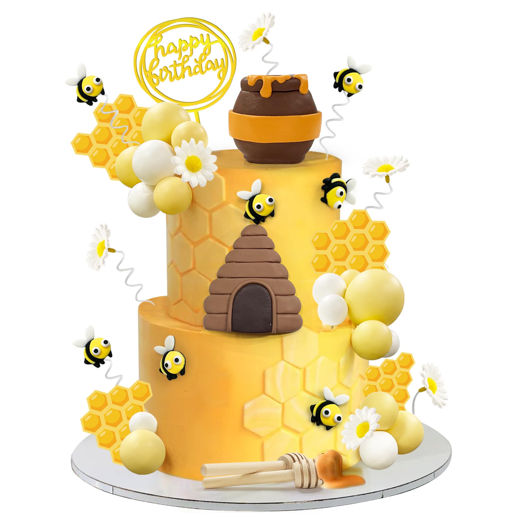 35-Piece Bee Cake Toppers Set with Honey Jar, Honeycomb, Bees & Daisies – HAVAGDTM Clay Decorations for Bee Theme Birthday & Baby Shower
