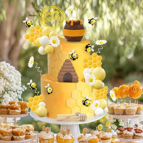 35-Piece Bee Cake Toppers Set with Honey Jar, Honeycomb, Bees & Daisies – HAVAGDTM Clay Decorations for Bee Theme Birthday & Baby Shower