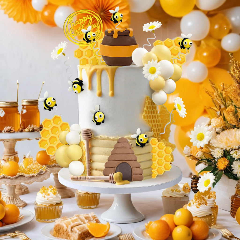 35-Piece Bee Cake Toppers Set with Honey Jar, Honeycomb, Bees & Daisies – HAVAGDTM Clay Decorations for Bee Theme Birthday & Baby Shower