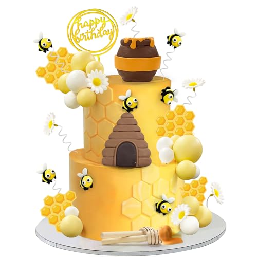 35-Piece Bee Cake Toppers Set with Honey Jar, Honeycomb, Bees & Daisies – HAVAGDTM Clay Decorations for Bee Theme Birthday & Baby Shower