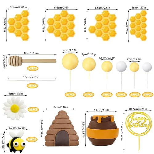 35-Piece Bee Cake Toppers Set with Honey Jar, Honeycomb, Bees & Daisies – HAVAGDTM Clay Decorations for Bee Theme Birthday & Baby Shower