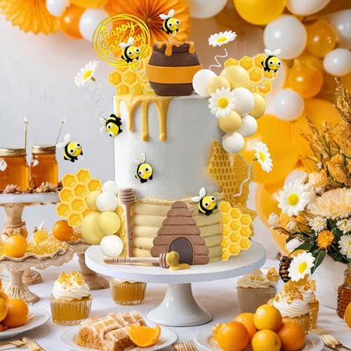 35-Piece Bee Cake Toppers Set with Honey Jar, Honeycomb, Bees & Daisies – HAVAGDTM Clay Decorations for Bee Theme Birthday & Baby Shower