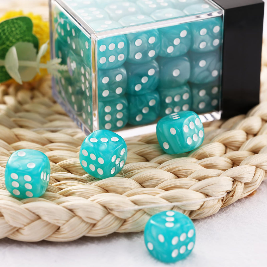 36-Pack 12mm Pearl Pattern Dice Set – Light Blue, with Plastic Box – for Yahtzee, Bunco, Math