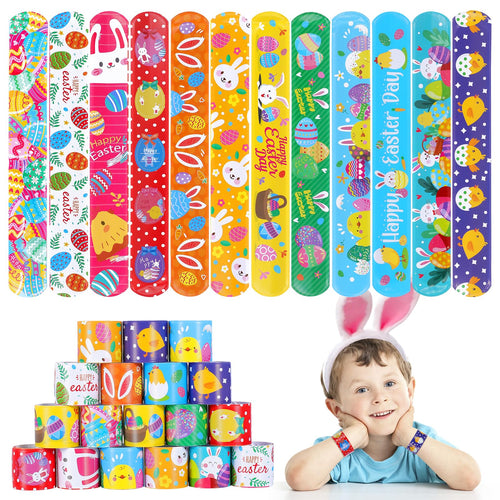 36-Pack Easter Slap Bracelets for Kids - 12 Cute Designs, Bulk Party Favors, Basket Stuffers