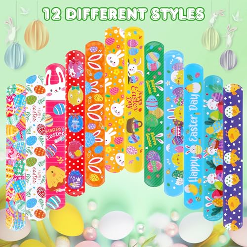 36-Pack Easter Slap Bracelets for Kids - 12 Cute Designs, Bulk Party Favors, Basket Stuffers