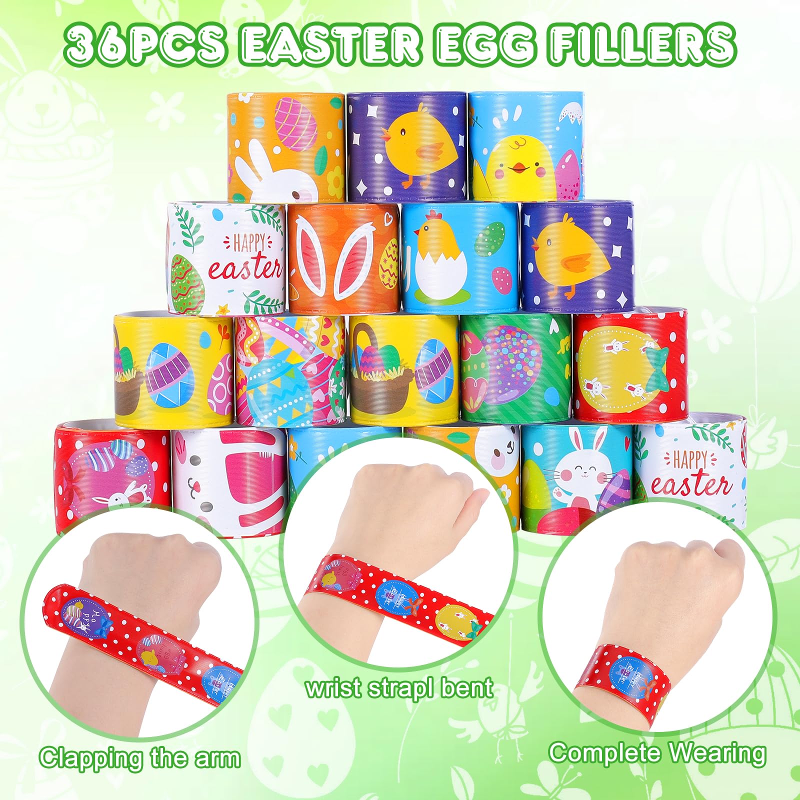 36-Pack Easter Slap Bracelets for Kids - 12 Cute Designs, Bulk Party Favors, Basket Stuffers