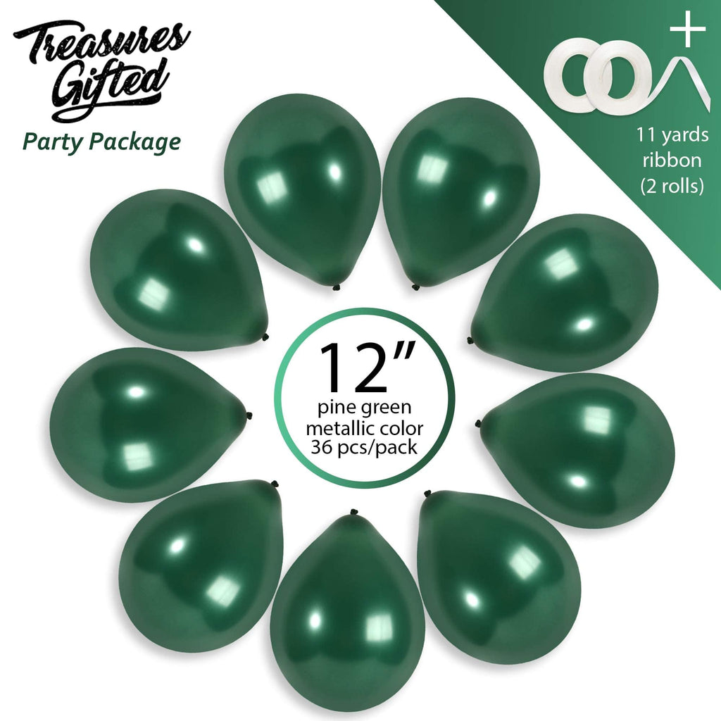 36 Pack Emerald Green Metallic Balloons – 12 Inch Latex Pine Green Balloons with Ribbon for Parties
